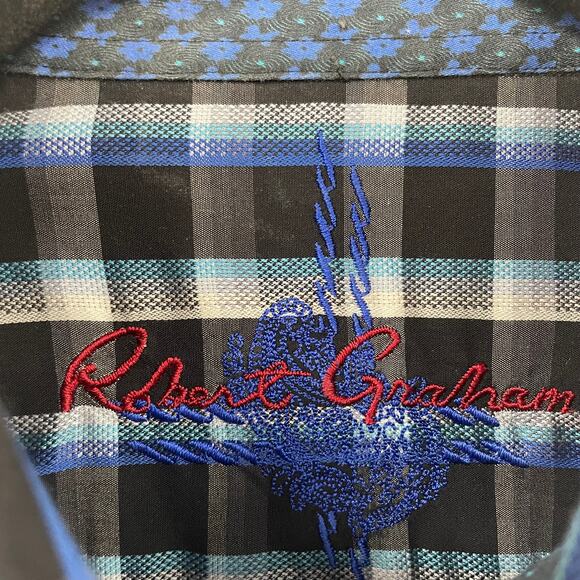 Robert Graham Blue Black Plaid Long Sleeve Button Down Mens Medium - Picture 5 of 7